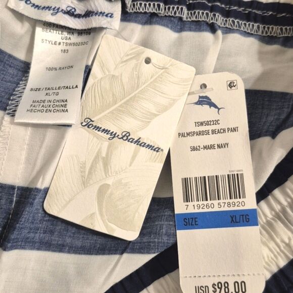 Tommy Bahama Beach Pants XL Navy Stripe Tropical Print Wide Leg Palmsparose NWT - Picture 6 of 11